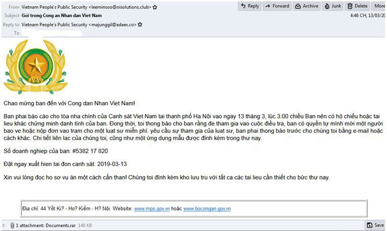 Hình ảnh tệp tin chứa mã độc tống tiền GandCrab 5.2 được phát tán qua thư điện tử giả mạo Bộ Công an Việt Nam.