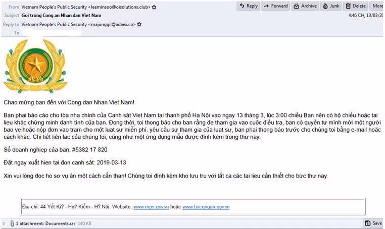 Hình ảnh tệp tin chứa mã độc tống tiền GandCrab 5.2 được phát tán qua thư điện tử giả mạo Bộ Công an Việt Nam.