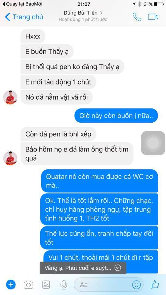 Hé lộ tin nhắn của Bùi Tiến Dũng dằn vặt vì “quả penalty không đáng“ ảnh 1