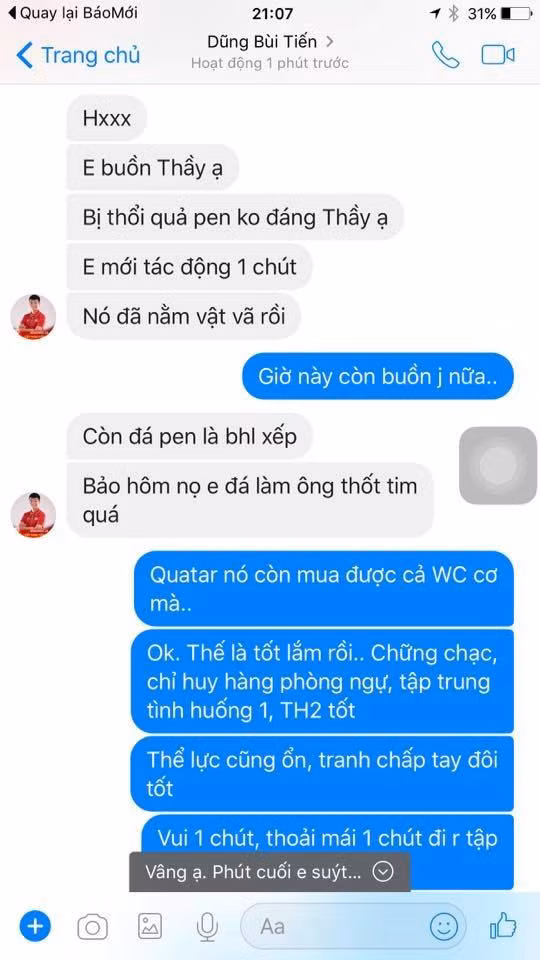 Hé lộ tin nhắn của Bùi Tiến Dũng dằn vặt vì “quả penalty không đáng“ ảnh 1