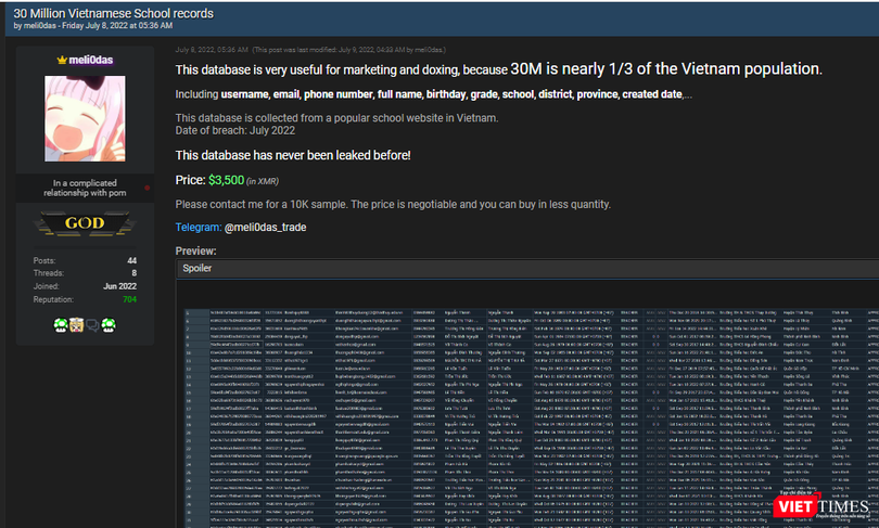 Bài viết trên diễn đàn tin tặc rao bán thông tin của 30 triệu người dân Việt Nam.
