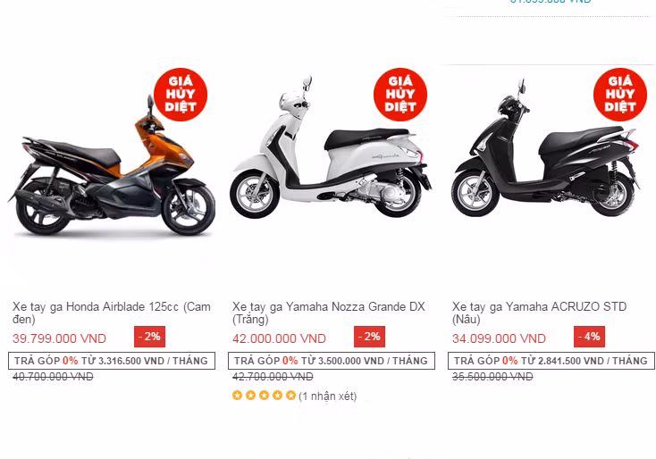Một số mẫu xe máy ăn khách đang được rao bán trên Lazada. Ảnh chụp màn hình website Lazada vào ngày 1/6/2016