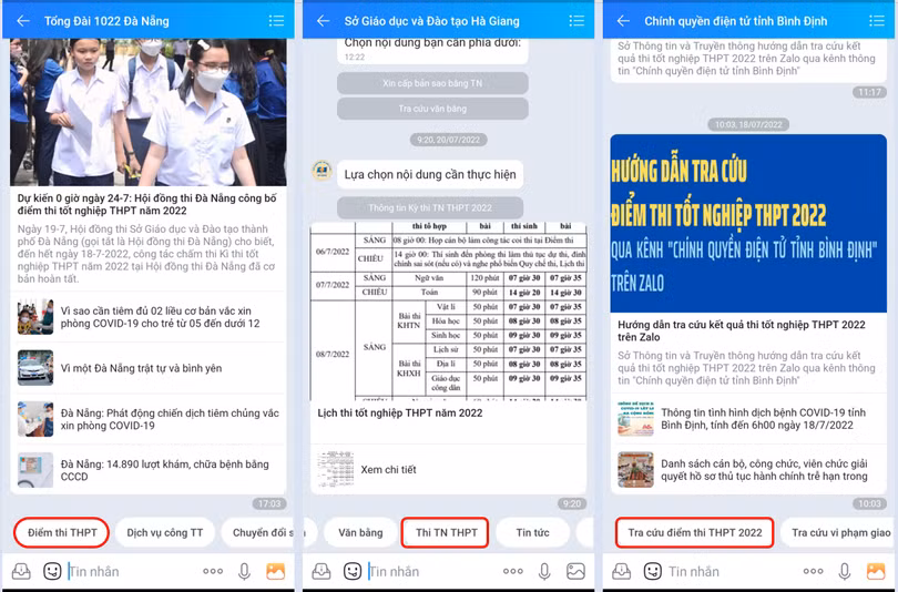 Tra cứu điểm thi THPT 2022 trên trang Zalo của các tỉnh thành. Ảnh chụp màn hình. Tra cứu điểm thi THPT 2022 trên trang Zalo của các tỉnh thành. Ảnh chụp màn hình.
