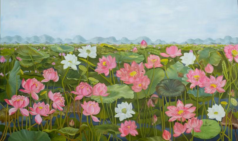 Một trong những tác phẩm của họa sĩ Phật tử Kim Đức sẽ được trưng bày tại triển lãm.