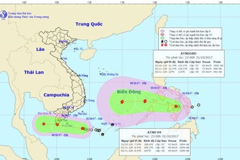 Vị trí và hướng đi của 2 áp thấp nhiệt đới. Ảnh: NCHMF