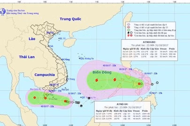 Vị trí và hướng đi của 2 áp thấp nhiệt đới. Ảnh: NCHMF