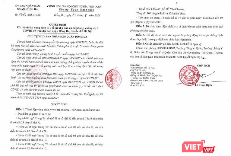 UBND quận Đống Đa (Hà Nội) ra quyết định thiết lập khu vực cách ly y tế trên địa bàn phường Thổ Quan.