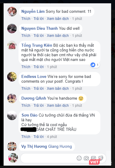 Song song với những bình luận bất lịch sự, cộng đồng mạng xã hội Việt Nam cũng có nhiều đại diện hiểu biết, bày tỏ sự xin lỗi và nhắc nhở các tài khoản quá khích.