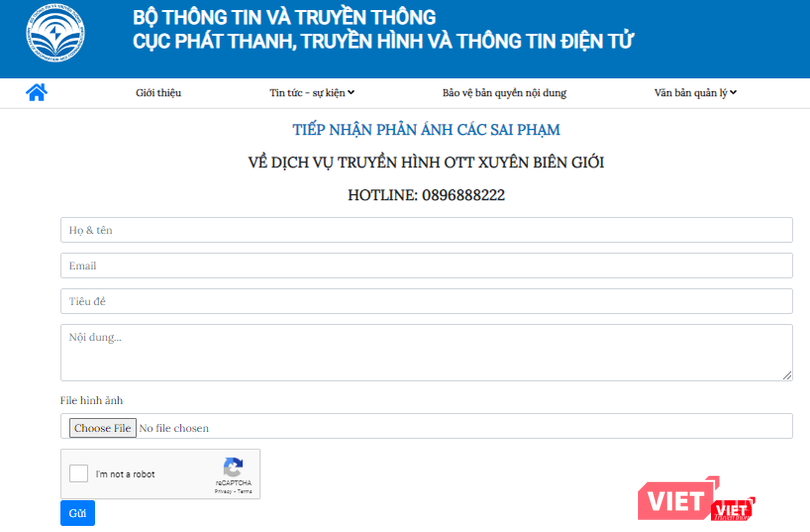 Cục Phát thanh, Truyền hình và Thông tin điện tử nhận thông tin phản ánh từ người dân về sai phạm của dịch vụ truyền hình OTT qua website.