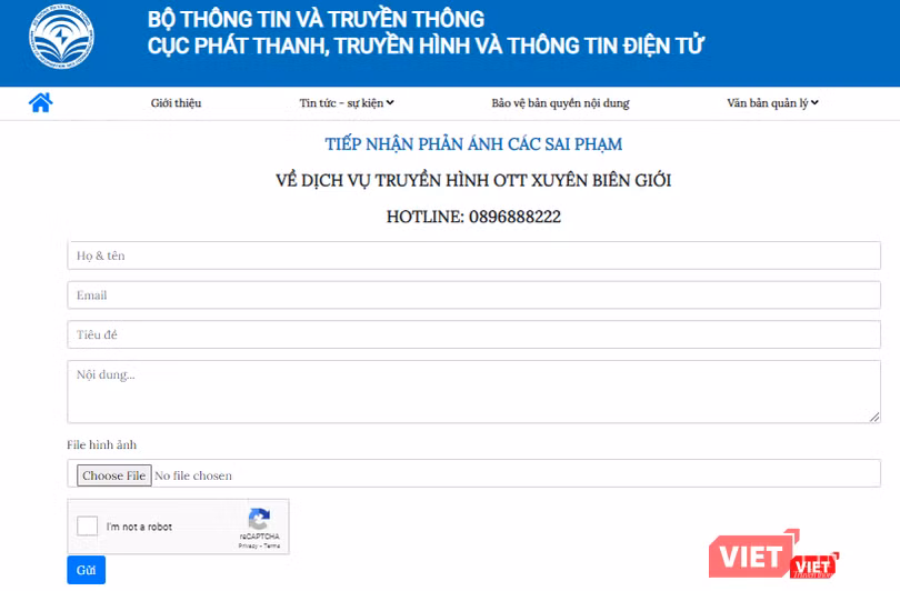 Cục Phát thanh, Truyền hình và Thông tin điện tử nhận thông tin phản ánh từ người dân về sai phạm của dịch vụ truyền hình OTT qua website.