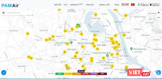 Bản đồ Hà Nội về các điểm quan trắc chất lượng không khí của hệ thống PAM Air do Công ty D&amp;L triển khai