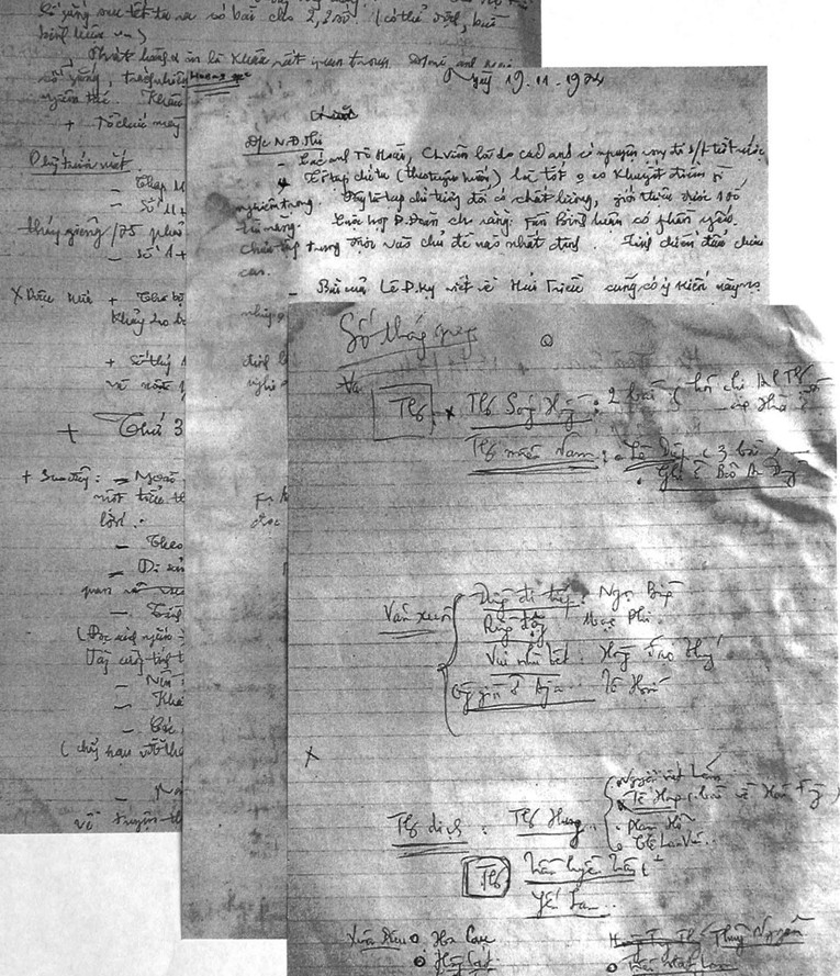 Một trong những trang ghi biên bản họp Ban biên tập của Tạp chí “Tác phẩm mới” năm 1974 (thời làm việc của “Tứ đại lão gia”) có bút tích của nhà thơ Chế Lan Viên.