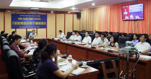 Hội nghị trực tuyến về thực hiện chính sách bảo hiểm y tế. Ảnh: BHXH Hà Giang