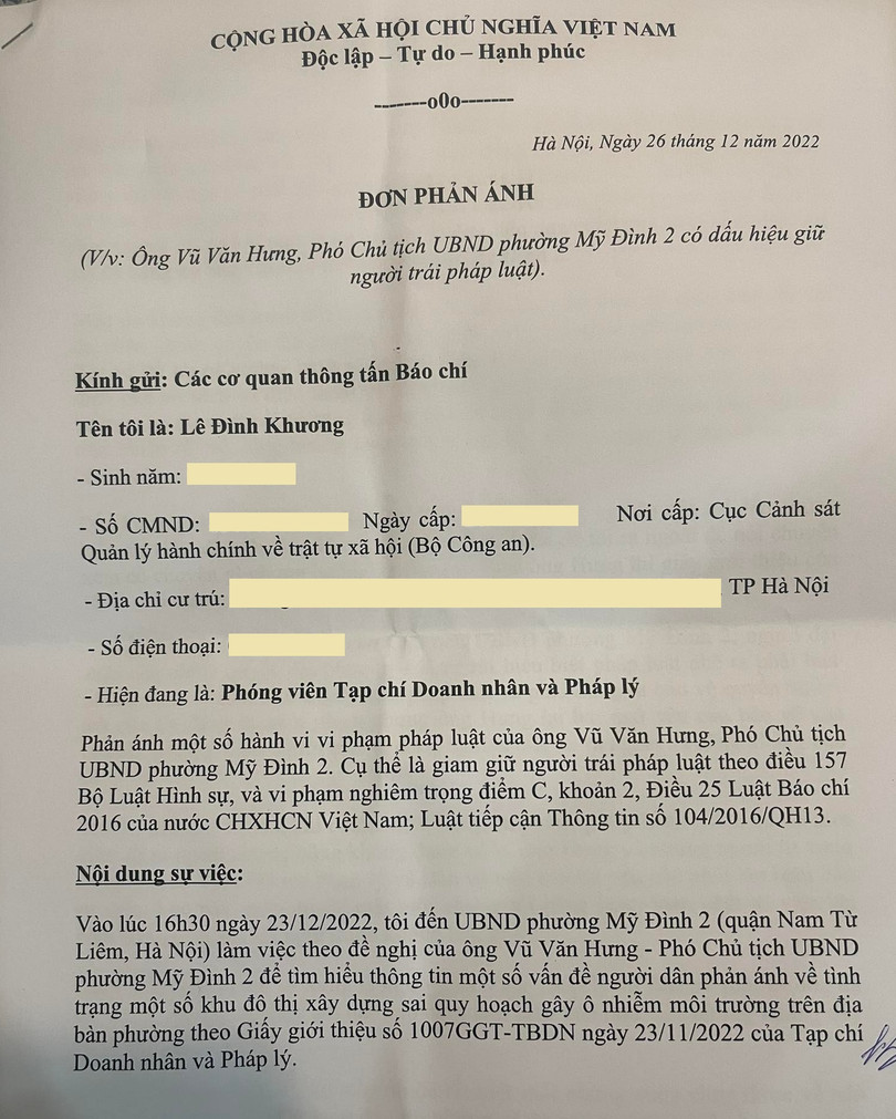 Đơn phản ánh của phóng viên Lê Đình Khương về sự việc tại UBND phường Mỹ Đình 2. Đơn phản ánh của phóng viên Lê Đình Khương về sự việc tại UBND phường Mỹ Đình 2.