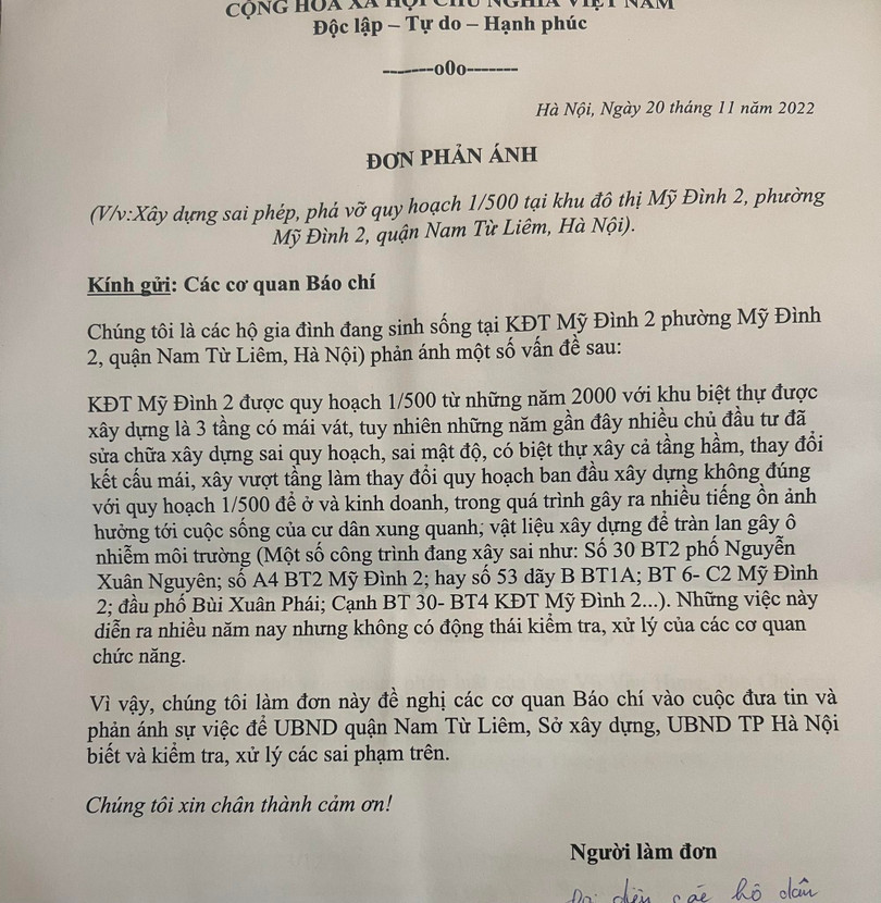Đơn phản ánh của các hộ dân KĐT Mỹ Đình 2 (phường Mỹ Đình 2) về việc tố cáo sai phạm về trật tự xây dựng tại địa phương. Đơn phản ánh của các hộ dân KĐT Mỹ Đình 2 (phường Mỹ Đình 2) về việc tố cáo sai phạm về trật tự xây dựng tại địa phương.
