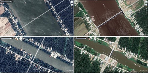 Hình 2. Mặt cắt ngang sông Cái Lớn và sông Cái Bé tại vị trí các cống. Hình trên: tại cống Cái Lớn; hình dưới: tại cống Cái Bé