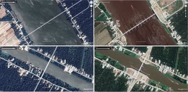 Hình 2. Mặt cắt ngang sông Cái Lớn và sông Cái Bé tại vị trí các cống. Hình trên: tại cống Cái Lớn; hình dưới: tại cống Cái Bé Hình 2. Mặt cắt ngang sông Cái Lớn và sông Cái Bé tại vị trí các cống. Hình trên: tại cống Cái Lớn; hình dưới: tại cống Cái Bé