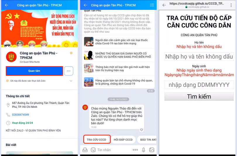 Người dân quận Tân Phú (TP.HCM) dễ dàng tra cứu tiến độ làm CCCD ngay trên Zalo. Ảnh chụp màn hình.