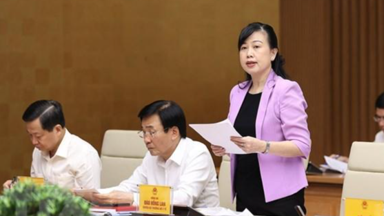 Quyền Bộ trưởng Bộ Y tế Đào Hồng Lan báo cáo tình hình tại phiên họp - Ảnh: VGP. Quyền Bộ trưởng Bộ Y tế Đào Hồng Lan báo cáo tình hình tại phiên họp - Ảnh: VGP.