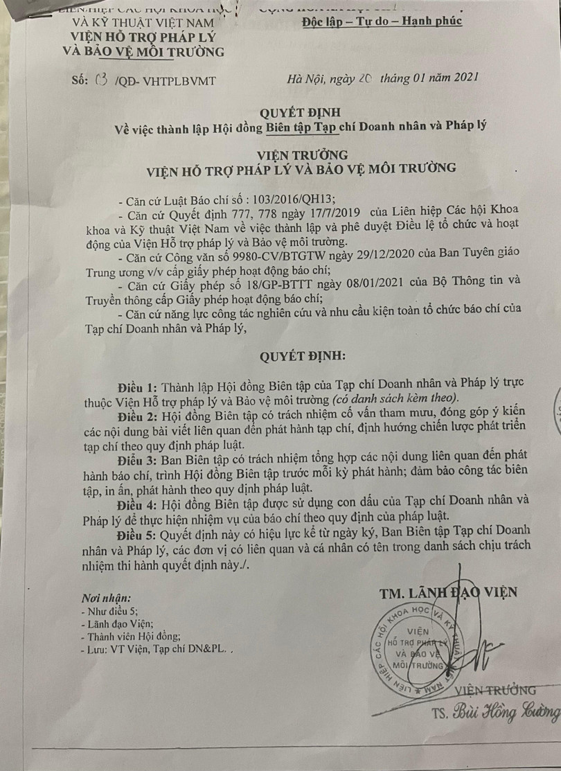 Ngày 20/01/2021, ông Cường đã ký Quyết định số 03/QĐ-VHTPLBVMT về việc thành lập Hội đồng biên tập tạp chí Doanh nhân và Pháp lý mà không có bất cứ trao đổi thỏa thuận nào với Tổng Biên tập Vũ Tuấn Anh.