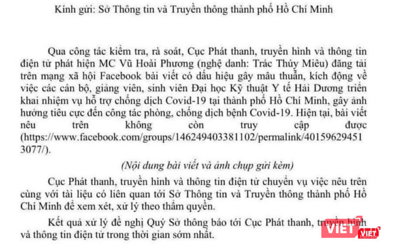 Nội dung chính trong công văn Cục Phát tinh truyền hình và thông tin điện tử (Bộ Thông tin - Truyền thông) đề nghị Sở Thông tin và Truyền thông TP HCM xử lý MC Trác Thuý Miêu