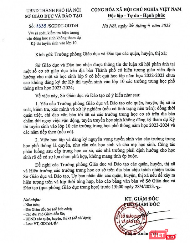 Sở GD&amp;ĐT Hà Nội khẳng định sẽ nghiêm khắc xử lý các trường để xảy ra vi phạm, làm ảnh hưởng đến quyền lợi học tập và dự thi của học sinh trong đăng ký vào lớp 10.