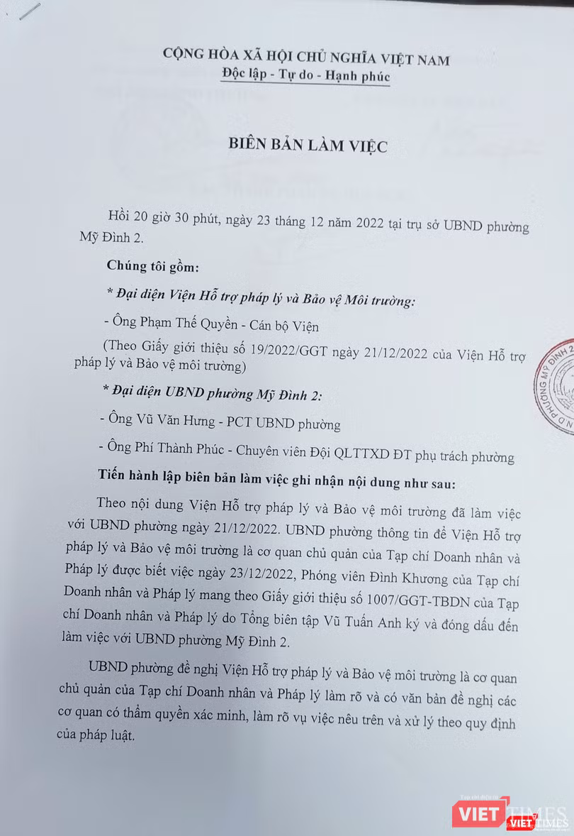 Biên bản làm việc của UBND phường Mỹ Đình 2 với đại diện Viện Hỗ trợ Pháp lý và Bảo vệ Môi trường được lập lúc 20h30-21h ngày 23/12/2022