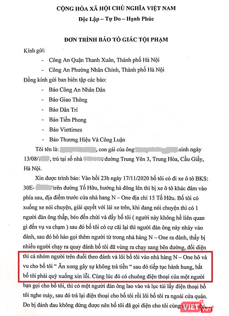 Đơn trình báo của chị Đ.D.A. về việc ông Đ.H.H. bị hành hung.