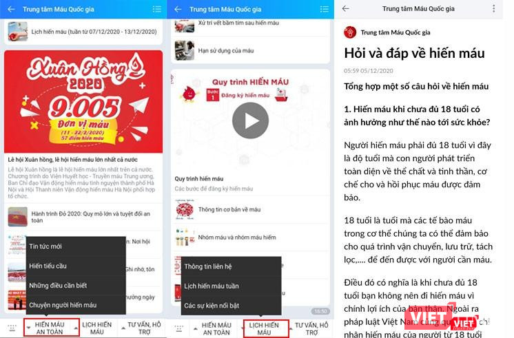 Các tính năng của trang Zalo “Trung tâm Máu quốc gia” Các tính năng của trang Zalo “Trung tâm Máu quốc gia”