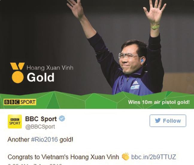 Tài khoản Twitter của BBC Sport đăng tải chiến thắng của Hoàng Xuân Vinh - Ảnh: TWITTER