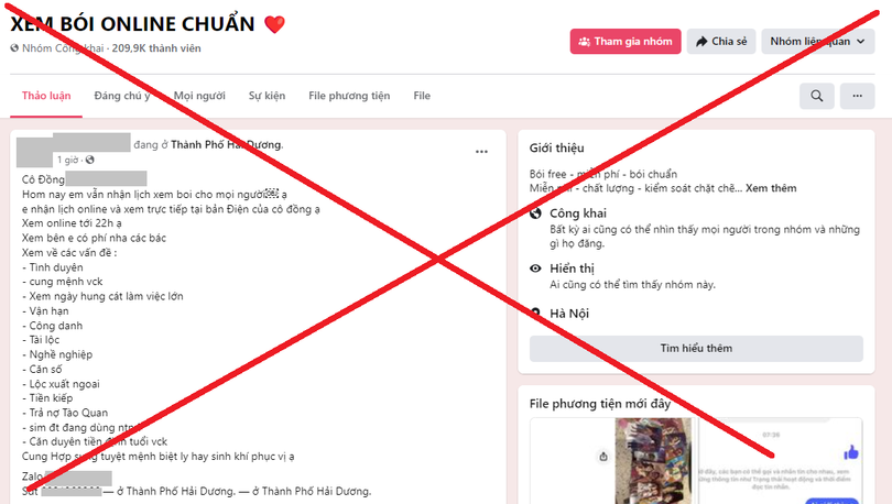 Nền tảng mạng xã hội như Facebook, Tiktok hay các website đã vô tình tiếp tay cho hoạt động mê tín dị đoan để trục lợi. Ảnh chụp màn hình một hội nhóm hơn 200 ngàn thành viên.