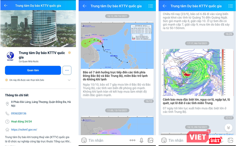 Các thông báo cập nhật tình hình thời tiết được gửi cho người dân tại những địa phương chịu ảnh hưởng của mưa lũ. Ảnh chụp màn hình