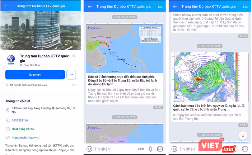 Các thông báo cập nhật tình hình thời tiết được gửi cho người dân tại những địa phương chịu ảnh hưởng của mưa lũ. Ảnh chụp màn hình