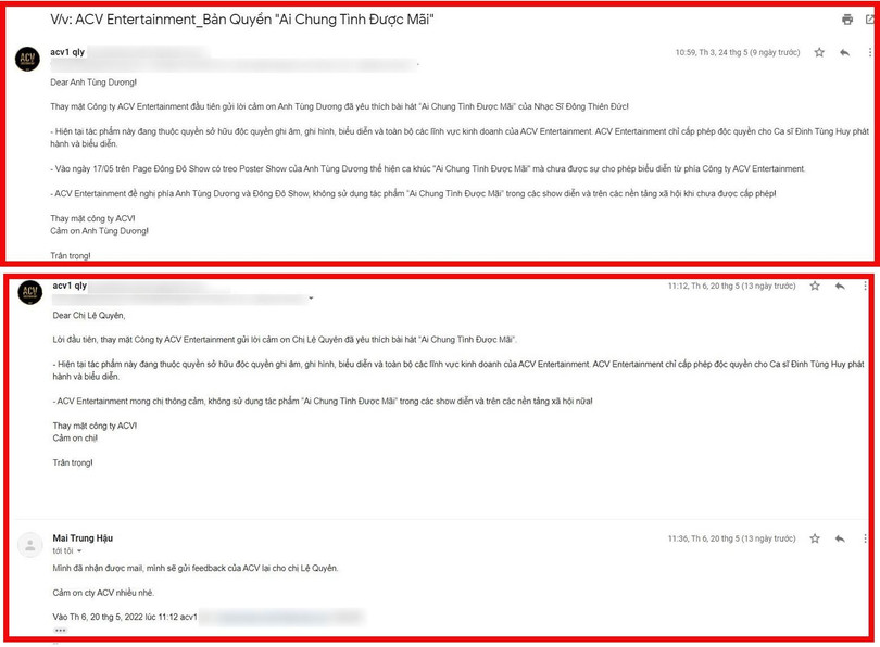 Phía công ty ACV Entertaiment đưa ra bằng chứng đã liên hệ với các nghệ sĩ sử dụng ca khúc này kèm với hợp đồng độc quyền chuyển nhượng sản phẩm âm nhạc