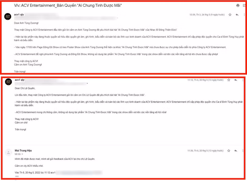 Phía công ty ACV Entertaiment đưa ra bằng chứng đã liên hệ với các nghệ sĩ sử dụng ca khúc này kèm với hợp đồng độc quyền chuyển nhượng sản phẩm âm nhạc