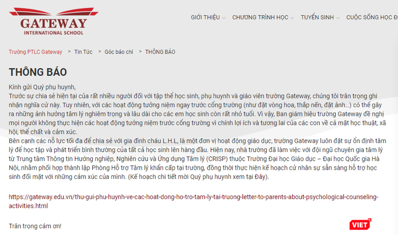 Thông cáo báo chí của Trường Gateway hôm nay