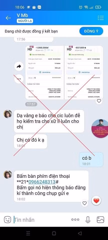 Thủ đoạn lừa đảo qua cú pháp **21*# mà các đối tượng lừa đảo sử dụng. Ảnh: MoMo cung cấp.