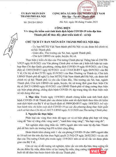 Công điện hoả tốc về việc tăng tốc kiểm soát tình hình dịch bệnh COVID-19 trên địa bàn TP. do Chủ tịch Chu Ngọc Anh ký.
