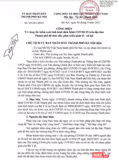 Công điện hoả tốc về việc tăng tốc kiểm soát tình hình dịch bệnh COVID-19 trên địa bàn TP. do Chủ tịch Chu Ngọc Anh ký.