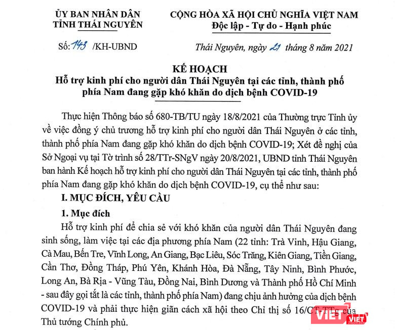 Kế hoạch của UBND tỉnh Thái Nguyên về việc hỗ trợ cho người dân Thái Nguyên tại các tỉnh, thành phố phía Nam.