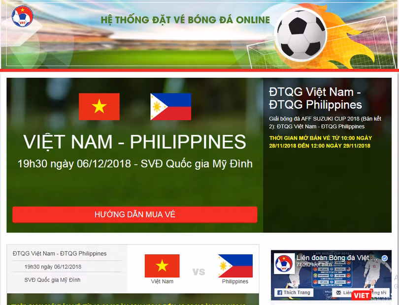 Ảnh chụp màn hình trang bán vé trực tiếp của VFF