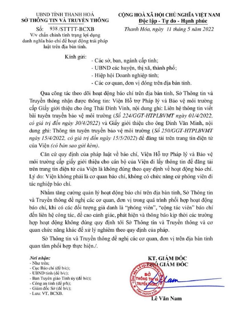 Công văn của Sở TT&TT tỉnh Thanh Hoá đề nghị Thanh tra Bộ TT&TT kiểm tra việc hoạt động báo chí của Viện Hỗ trợ Pháp lý và Bảo vệ Môi trường. Công văn của Sở TT&TT tỉnh Thanh Hoá đề nghị Thanh tra Bộ TT&TT kiểm tra việc hoạt động báo chí của Viện Hỗ trợ Pháp lý và Bảo vệ Môi trường.