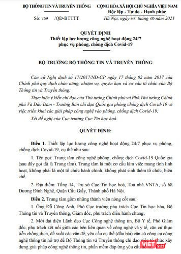 Quyết định thành lập Trung tâm công nghệ phòng, chống dịch COVID-19 Quốc gia.