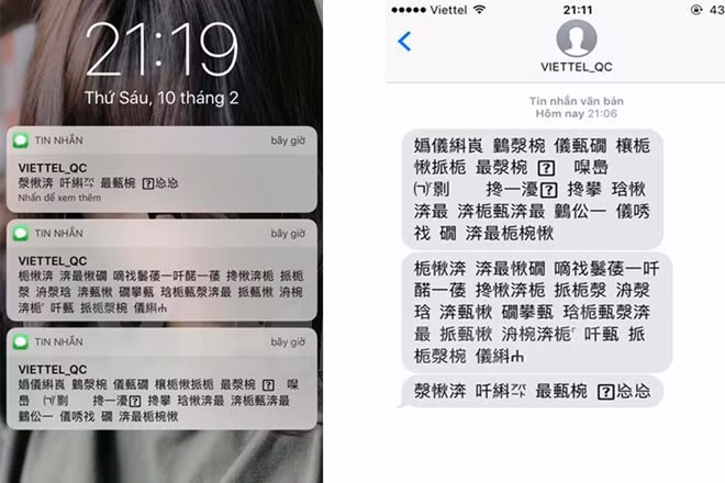 Ảnh chụp màn hình nội dung tin nhắn bị sai font chữ của Viettel.