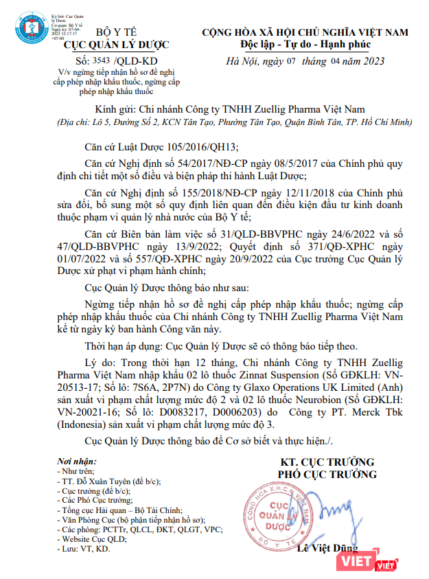 Thông báo của Cục Quản lý Dược về việc ngừng cấp phép nhập khẩu Zinnat Suspension và Neurobion. Thông báo của Cục Quản lý Dược về việc ngừng cấp phép nhập khẩu Zinnat Suspension và Neurobion.