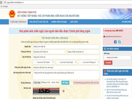 Hệ thống tiếp nhận, trả lời phản ánh, kiến nghị của người dân trên Cổng thông tin điện tử Chính phủ được đưa vào vận hành từ đầu tháng 4/2017.