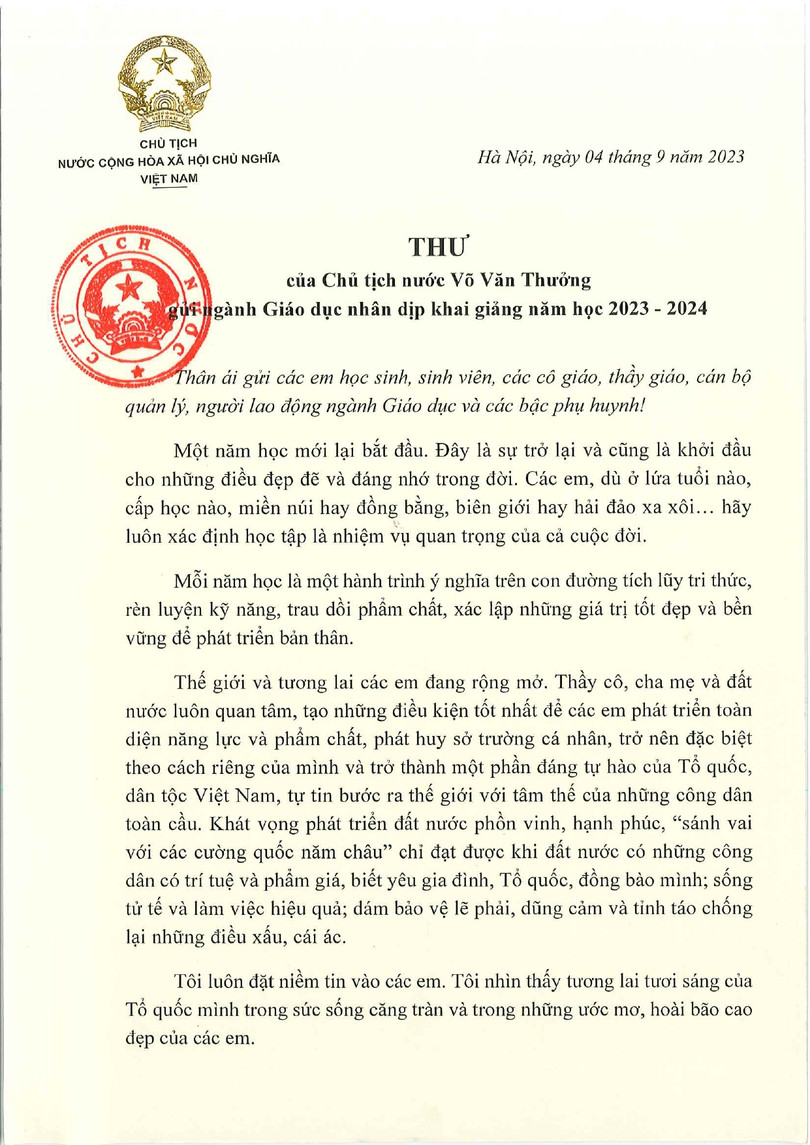 Thư của Chủ tịch nước Võ Văn Thưởng gửi ngành Giáo dục nhân dịp Khai giảng năm học 2023-2034 ._page-0001.jpg