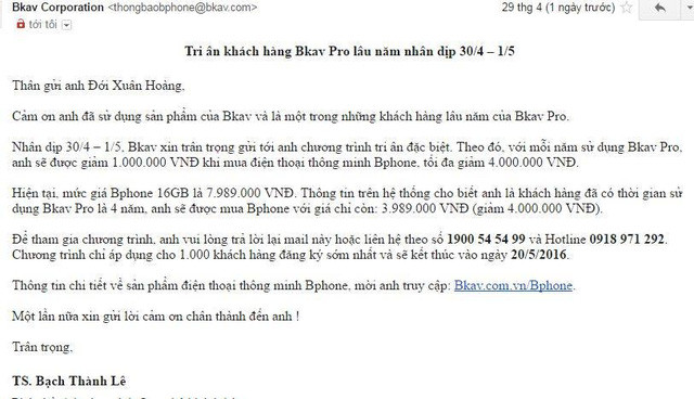 Khách dùng Bkav lâu năm sẽ được mua Bphone giá 4 triệu đồng ảnh 1