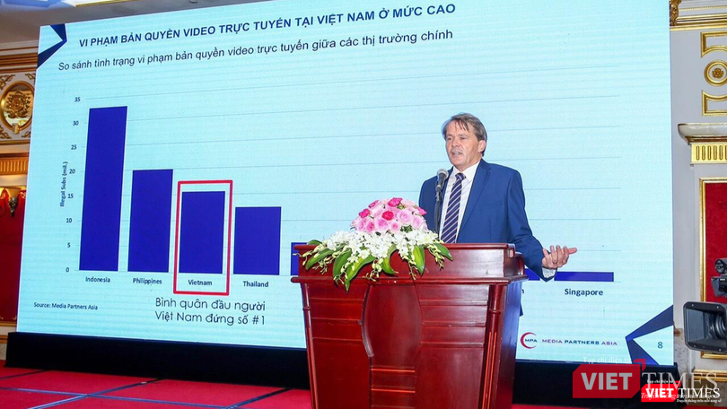 Diễn giả nêu đánh giá: Xét về bình quân đầu người, Việt Nam xếp đầu bảng về vi phạm bản quyền video trực tuyến.