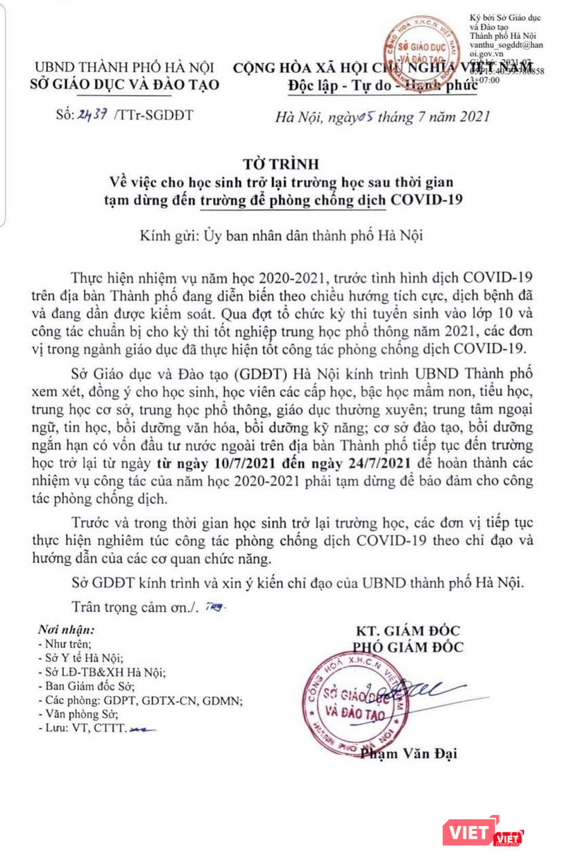 Tờ trình của Sở GD&amp;ĐT TP. Hà Nội đề xuất cho học sinh đến trường trở lại